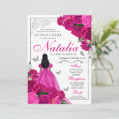 Invitation Fuchsia Pink Silver Princess Butterfly Quinceañera (Debout devant)