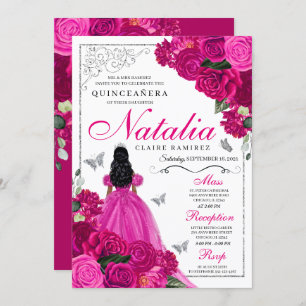 Invitation Fuchsia Pink Silver Princess Butterfly Quinceañera