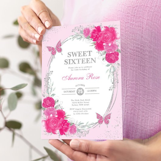 Invitation Fuchsia Pink Silver Sweet Sixteen 16th Birthday