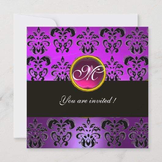 Invitation FUCHSIA PURPLE NOIR DAMASK MONOGRAM, améthyste ros (Devant)