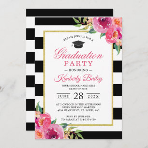 Invitation Fuchsia Purple Red Floral Stripes Graduation Party