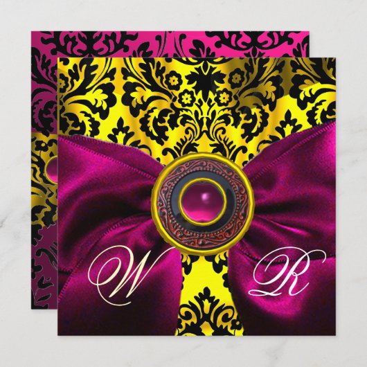 INVITATION FUCHSIA RIBBON OR JAUNE BLACK DAMASK MONOGRAM (Devant / Derrière)