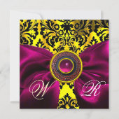 INVITATION FUCHSIA RIBBON OR JAUNE BLACK DAMASK MONOGRAM (Devant)