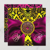 INVITATION FUCHSIA RIBBON OR JAUNE BLACK DAMASK MONOGRAM (Devant / Derrière)