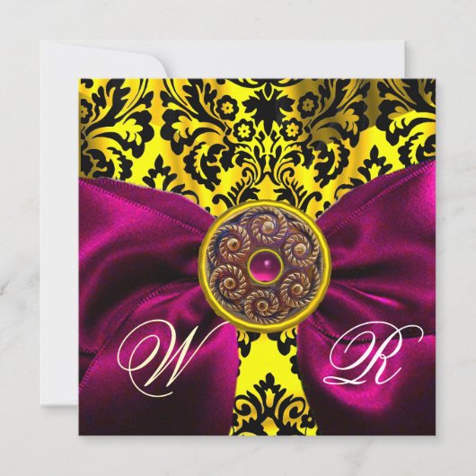INVITATION FUCHSIA RIBBON OR JAUNE BLACK DAMASK MONOGRAM (Devant)