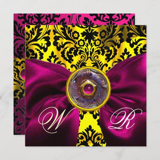 INVITATION FUCHSIA RIBBON OR JAUNE BLACK DAMASK MONOGRAM (Devant / Derrière)