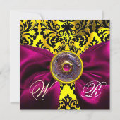 INVITATION FUCHSIA RIBBON OR JAUNE BLACK DAMASK MONOGRAM (Devant)