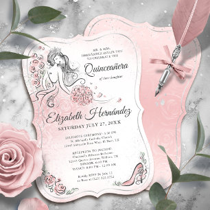 Invitation Fuchsia Rose Argent Princess Quinceanera Anniversa