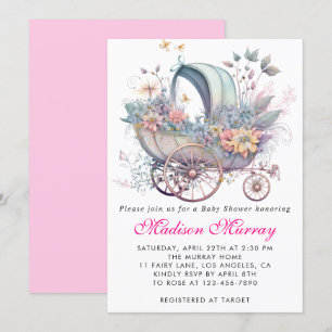 Invitation Fuchsia rose floral buggy poussette Baby Shower