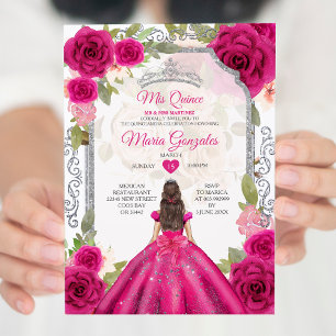 Invitation Fuchsia Rose Floral Mis Quince 15 Anos Quinceañera