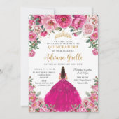 Invitation Fuchsia Rose Floral Or Quinceanera XV Sweet 16 (Devant)
