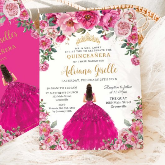 Invitation Fuchsia Rose Floral Or Quinceanera XV Sweet 16