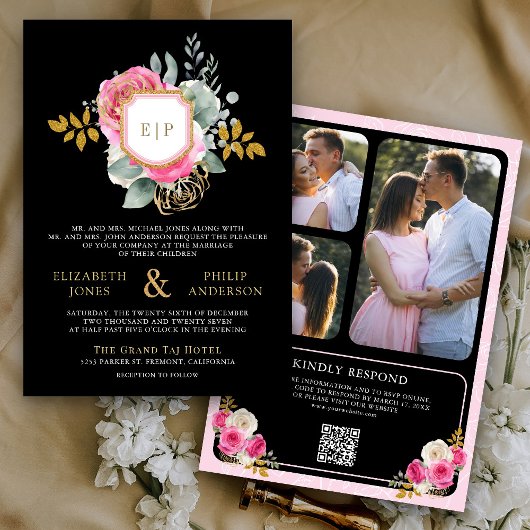 Invitation Fuchsia rose Floral QR Code Black Crest Mariage