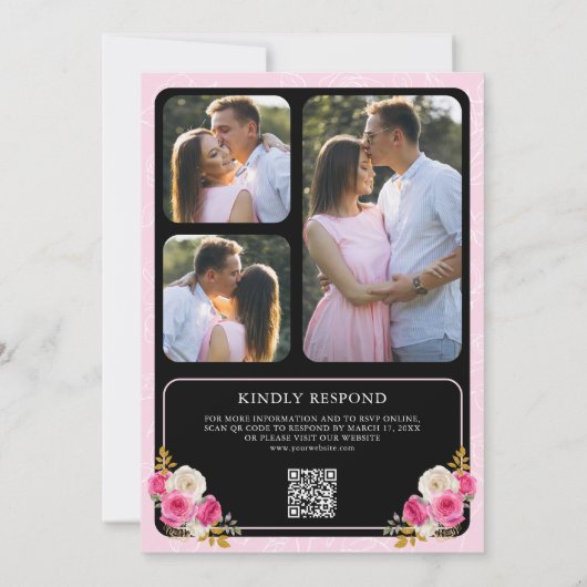 Invitation Fuchsia rose Floral QR Code Black Crest Mariage (Dos)