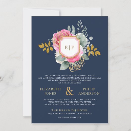 Invitation Fuchsia rose Floral QR Code Marine Crest Mariage (Devant)