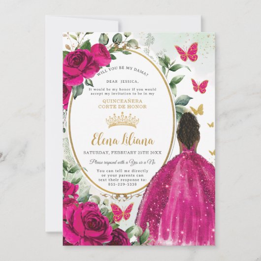 Invitation Fuchsia Rose Floral Roses Quinceañera Demande de D (Devant)