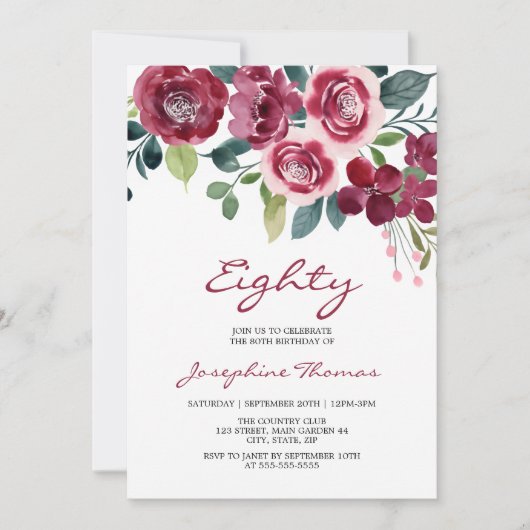 Invitation Fuchsia Rose Florale Botanique Anniversaire (Devant)