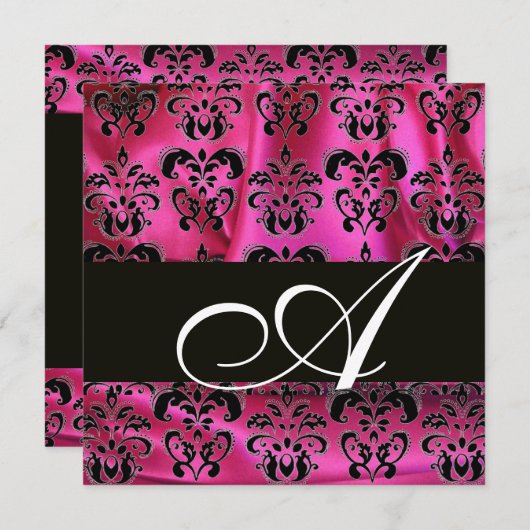 Invitation FUCHSIA ROSE NOIR DAMASK CLOS MONOGRAM, blanc (Devant / Derrière)