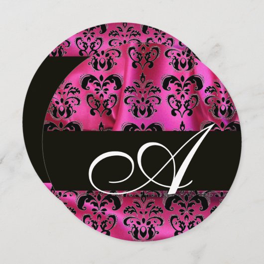 Invitation FUCHSIA ROSE NOIR DAMASK CLOS MONOGRAMME Cercle (Devant / Derrière)