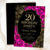 Invitation Fuchsia rose noir et or pour les 20 ans