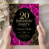 Invitation Fuchsia rose noir et or pour les 20 ans