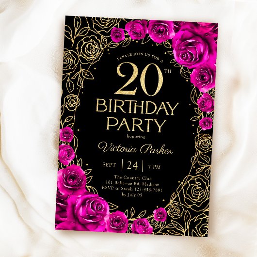Invitation Fuchsia rose noir et or pour les 20 ans