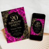 Invitation Fuchsia rose noir et or pour les 20 ans
