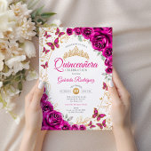 Invitation Fuchsia Rose Or Quinceanera Doré