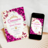 Invitation Fuchsia Rose Or Quinceanera Doré