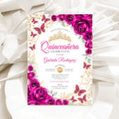 Invitation Fuchsia Rose Or Quinceanera Doré