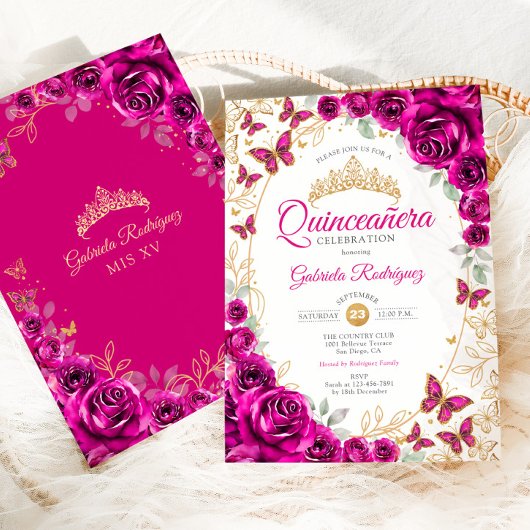 Invitation Fuchsia Rose Or Quinceanera Doré