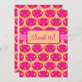 Invitation Fuchsia rose orange Damask Sweet 16 Anniversaire (Devant / Derrière)