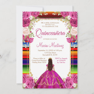 Invitation Fuchsia Rose Princesse Florale Mexicaine Quiñceane