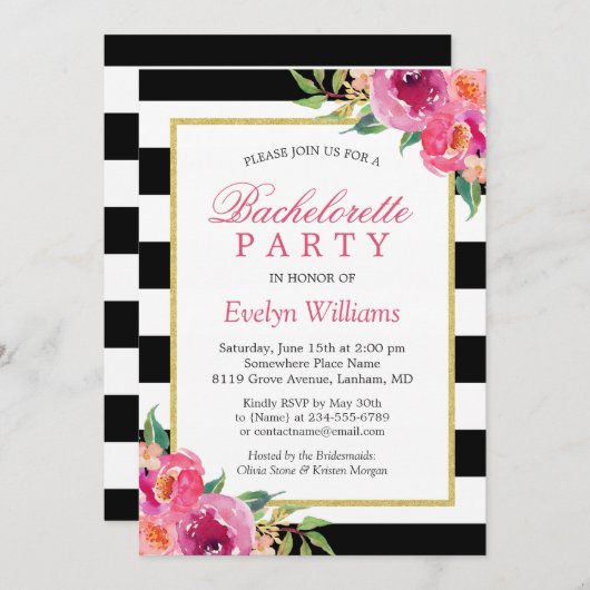 Invitation Fuchsia rose violet Fleur de Bachelorette (Devant / Derrière)