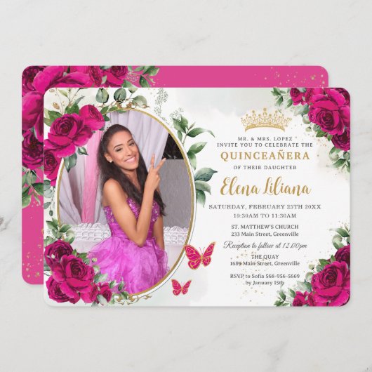 Invitation Fuchsia Roses Fushia Rose Foncé Quinceañera Photo (Devant / Derrière)