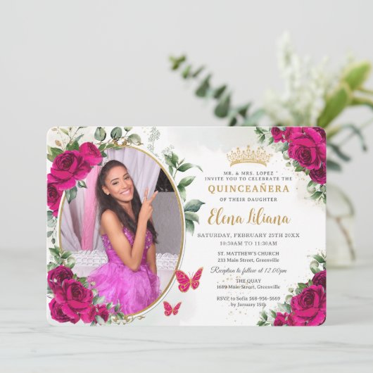 Invitation Fuchsia Roses Fushia Rose Foncé Quinceañera Photo (Debout devant)