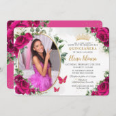 Invitation Fuchsia Roses Fushia Rose Fucsia Fuxia Quinceañera (Devant / Derrière)