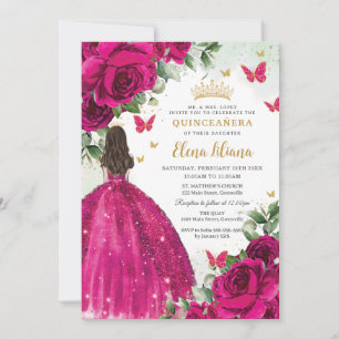 Invitation Fuchsia Roses rose chaud Floral Quinceañera Sweet