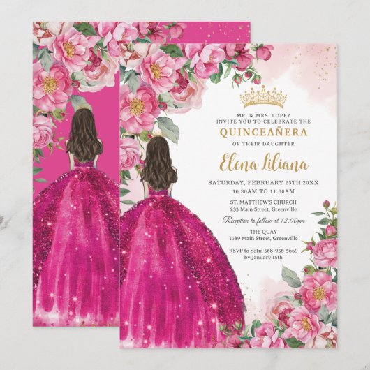 Invitation Fuchsia Roses rose chaud Floral Quinceañera Sweet  (Devant / Derrière)