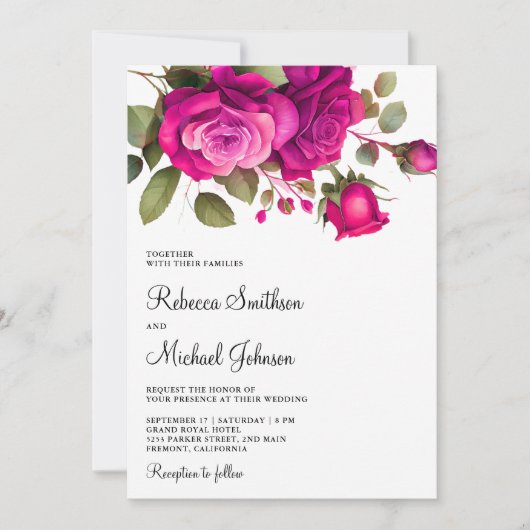 Invitation Fuchsia Roses rose chaud tous en un Mariage (Devant)