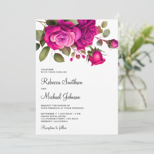 Invitation Fuchsia Roses rose chaud tous en un Mariage (Debout devant)