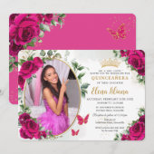 Invitation Fuchsia Roses Rose Fuschia Chaude Quinceañera  Pho (Devant / Derrière)