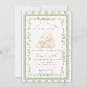 Invitation Fuchsia Sauge Vintage Petits Agneaux Baby-Shower R