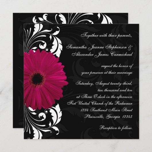 Invitation Fuchsia Scroll Gerbera Daisy avec noir et blanc (Devant / Derrière)