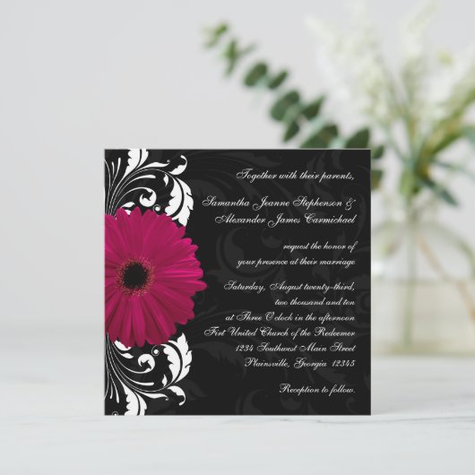 Invitation Fuchsia Scroll Gerbera Daisy avec noir et blanc (Debout devant)