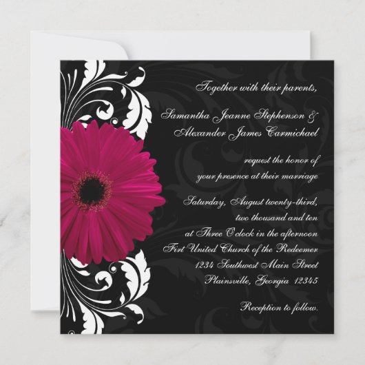 Invitation Fuchsia Scroll Gerbera Daisy avec noir et blanc (Devant)