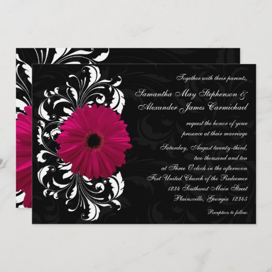 Invitation Fuchsia Scroll Gerbera Daisy avec noir et blanc (Devant / Derrière)