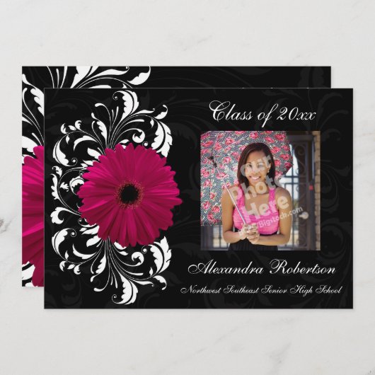 Invitation Fuchsia Scroll Gerbera Daisy Fête de fin d'études (Devant / Derrière)