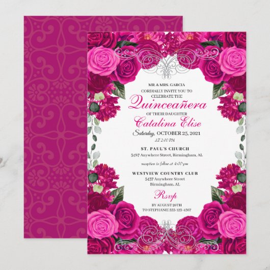 Invitation Fuchsia & Silver Floral Quinceanera Anniversaire (Devant / Derrière)