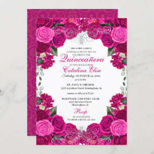Invitation Fuchsia & Silver Floral Quinceanera Anniversaire